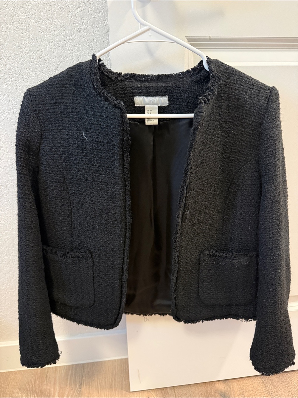 H&M Black Tweed Collarless Cropped Blazer